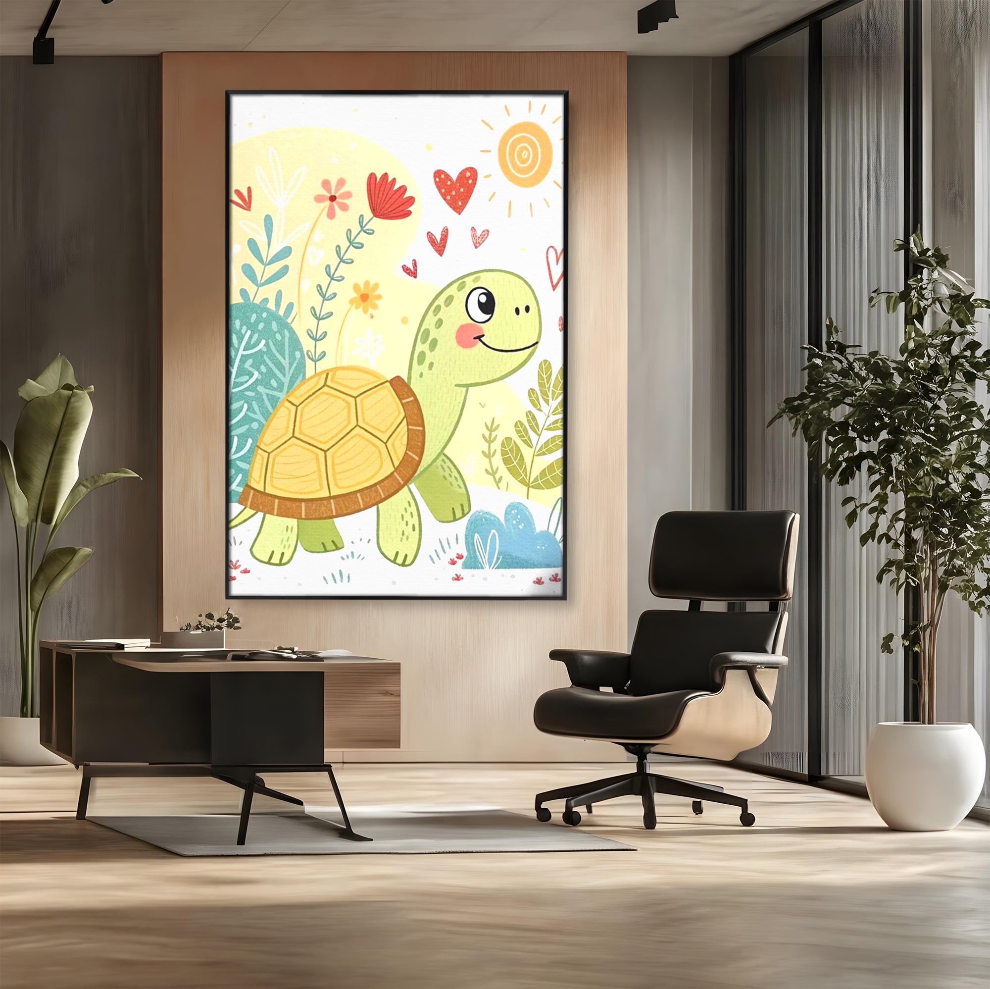 Tablou canvas cu ilustratie cu testoasa vesela printre flori, in rama de aluminiu negru, pe perete intr-un birou